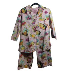 Nick & Nora Novelty Print Pink Cotton Fruit Crate Print Y2K Pajamas Sz S
